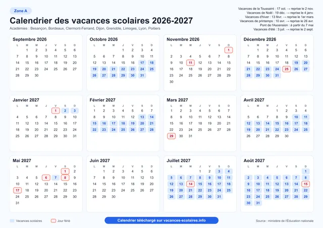 Calendrier vacances scolaires 2026 2027