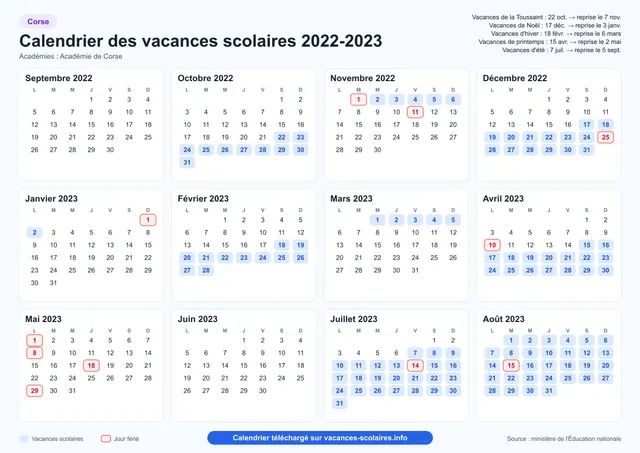 Aperçu de l'affiche du calendrier scolaire 2022-2023 de la Corse