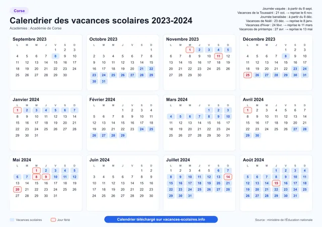 Aperçu de l'affiche du calendrier scolaire 2023-2024 de la Corse