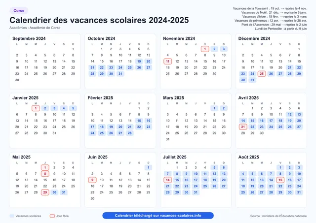 Aperçu de l'affiche du calendrier scolaire 2024-2025 de la Corse