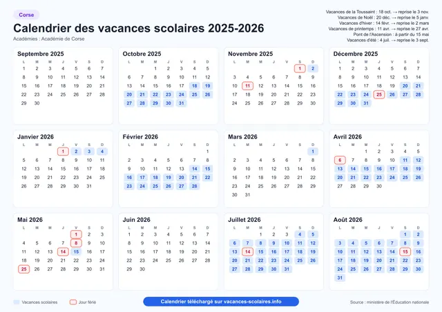 Aperçu de l'affiche du calendrier scolaire 2025-2026 de la Corse