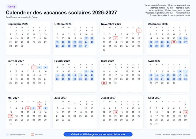 Calendrier vacances scolaires Corse 2026 2027