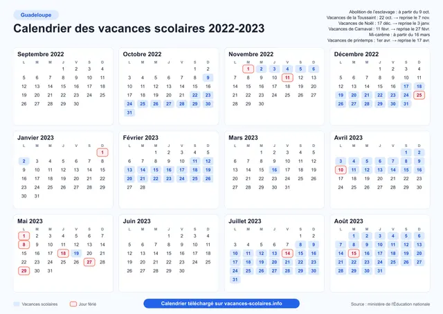 Aperçu de l'affiche du calendrier scolaire 2022-2023 de la Guadeloupe