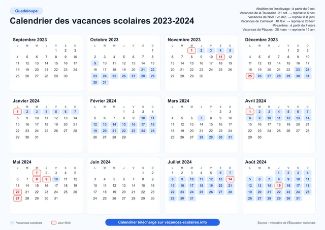 Aperçu de l'affiche du calendrier scolaire 2023-2024 de la Guadeloupe