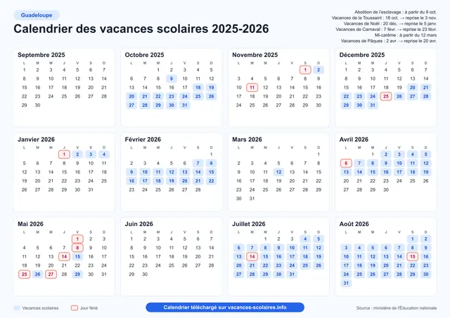 Aperçu de l'affiche du calendrier scolaire 2025-2026 de la Guadeloupe