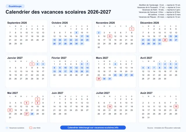 Aperçu de l'affiche du calendrier scolaire 2026-2027 de la Guadeloupe