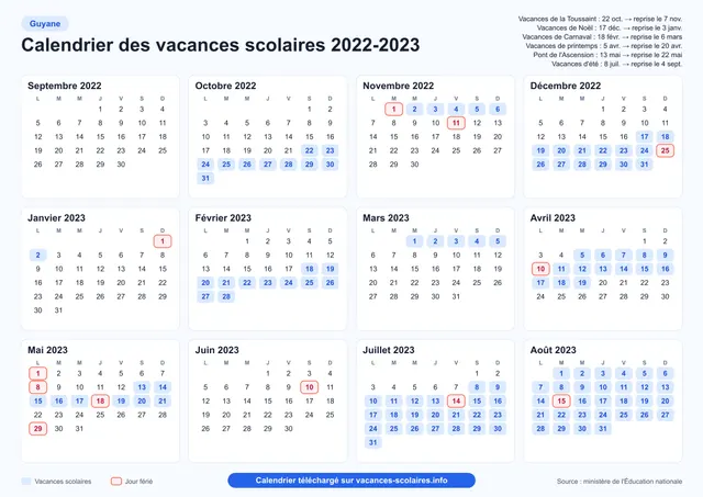 Aperçu de l'affiche du calendrier scolaire 2022-2023 de la Guyane