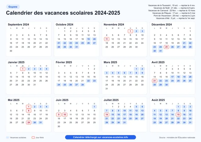 Aperçu de l'affiche du calendrier scolaire 2024-2025 de la Guyane