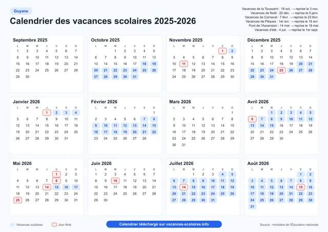 Aperçu de l'affiche du calendrier scolaire 2025-2026 de la Guyane