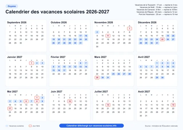 Aperçu de l'affiche du calendrier scolaire 2026-2027 de la Guyane