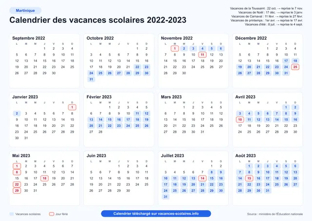 Aperçu de l'affiche du calendrier scolaire 2022-2023 de la Martinique