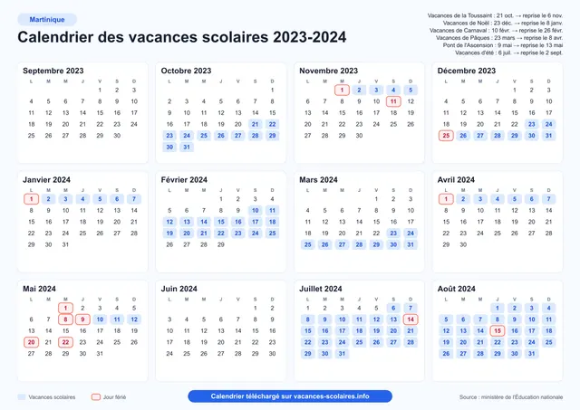 Aperçu de l'affiche du calendrier scolaire 2023-2024 de la Martinique