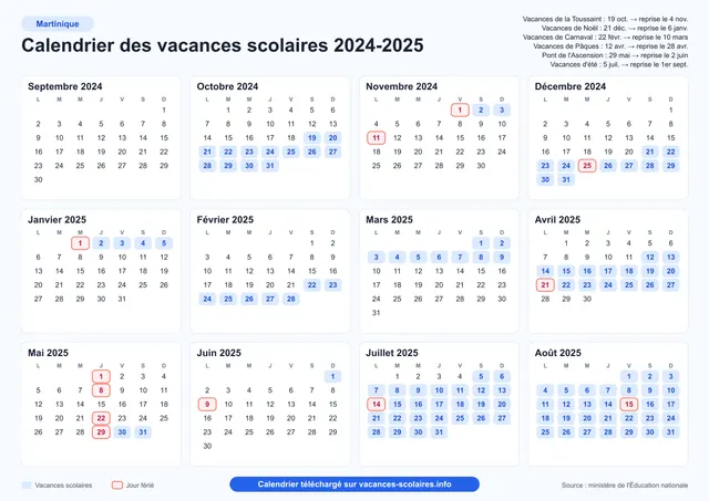 Aperçu de l'affiche du calendrier scolaire 2024-2025 de la Martinique