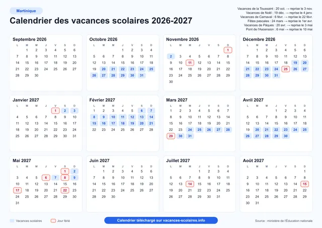 Aperçu de l'affiche du calendrier scolaire 2026-2027 de la Martinique