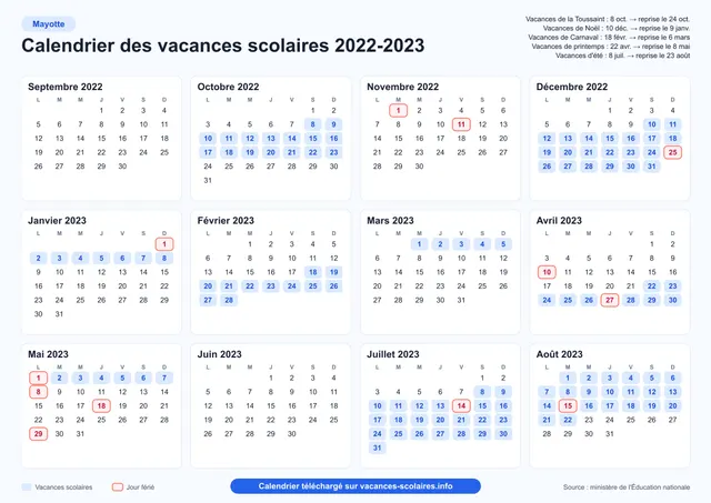 Aperçu de l'affiche du calendrier scolaire 2022-2023 de Mayotte