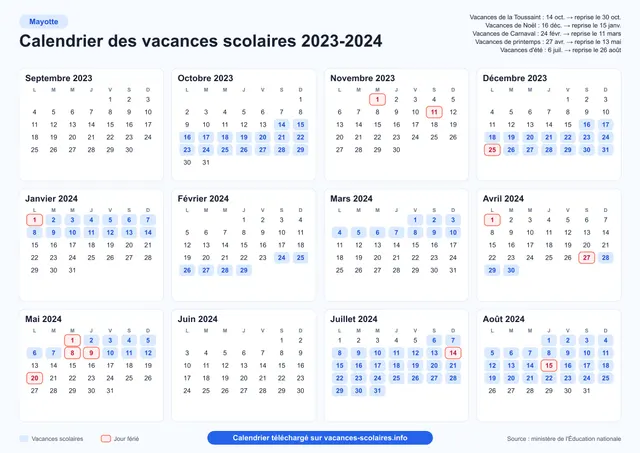 Aperçu de l'affiche du calendrier scolaire 2023-2024 de Mayotte