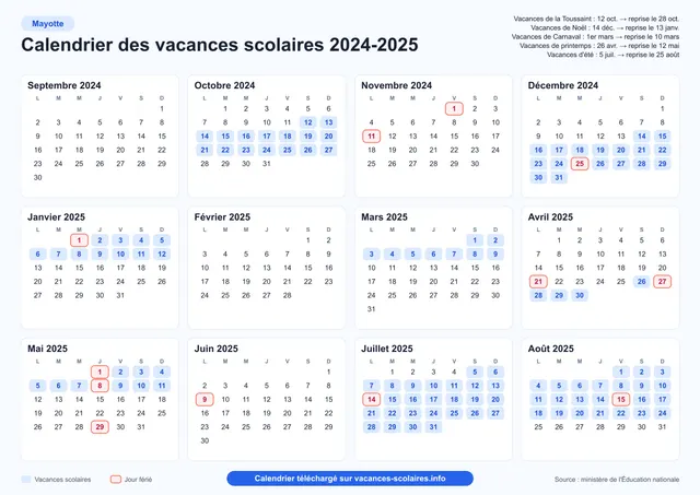 Aperçu de l'affiche du calendrier scolaire 2024-2025 de Mayotte