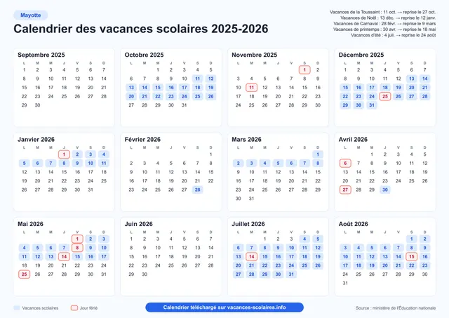 Aperçu de l'affiche du calendrier scolaire 2025-2026 de Mayotte
