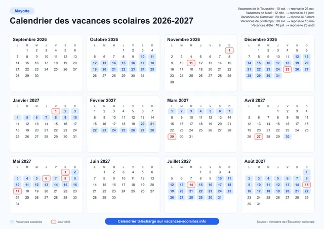 Aperçu de l'affiche du calendrier scolaire 2026-2027 de Mayotte