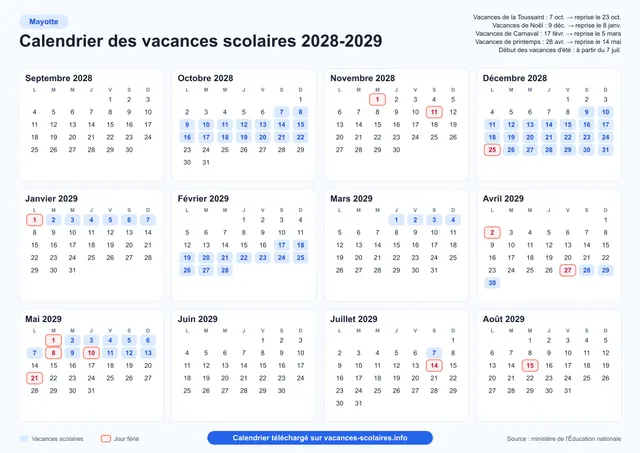 Aperçu de l'affiche du calendrier scolaire 2028-2029 de Mayotte