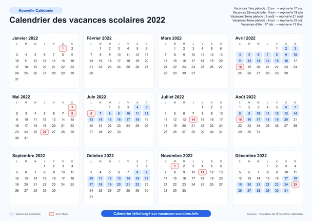 Aperçu de l'affiche du calendrier scolaire 2022 de la Nouvelle-Calédonie