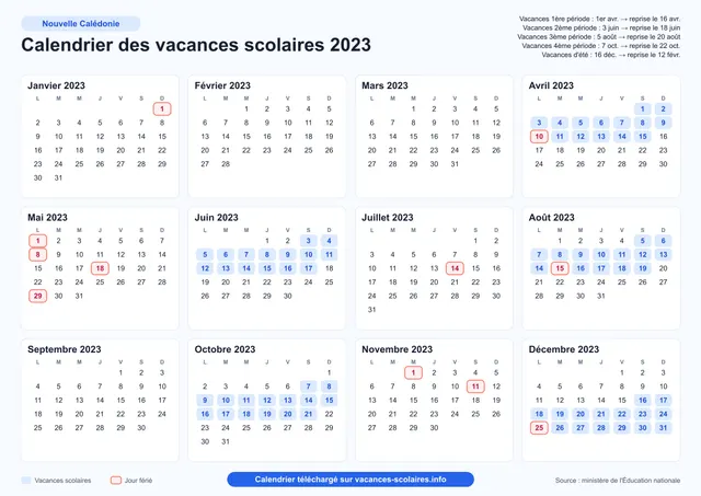 Aperçu de l'affiche du calendrier scolaire 2023 de la Nouvelle-Calédonie