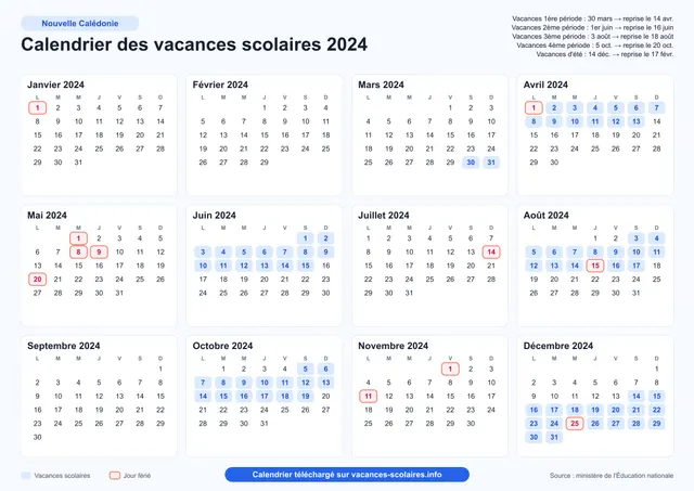 Aperçu de l'affiche du calendrier scolaire 2024 de la Nouvelle-Calédonie