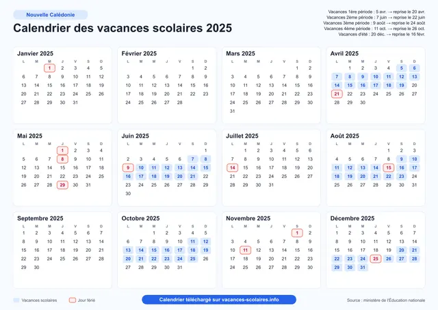 Aperçu de l'affiche du calendrier scolaire 2025 de la Nouvelle-Calédonie