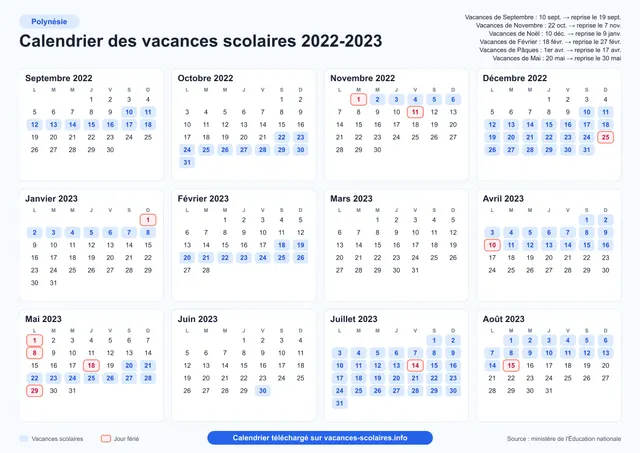 Aperçu de l'affiche du calendrier scolaire 2022-2023 de la Polynésie française