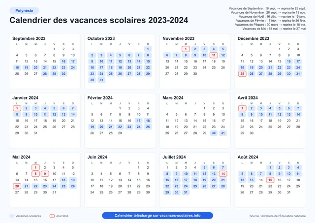 Aperçu de l'affiche du calendrier scolaire 2023-2024 de la Polynésie française