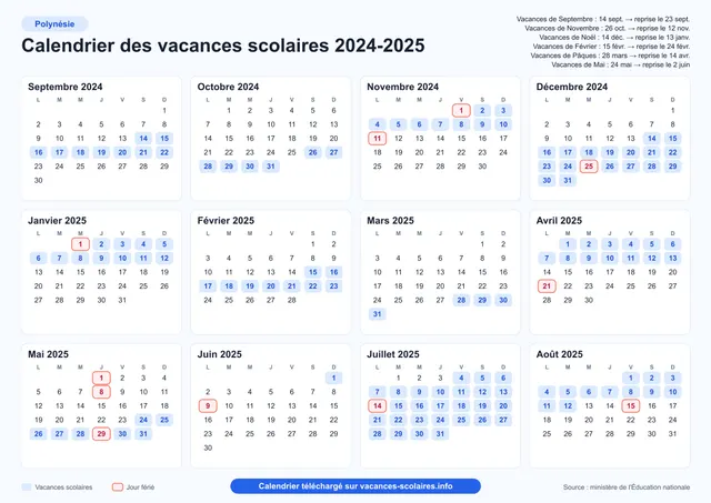 Aperçu de l'affiche du calendrier scolaire 2024-2025 de la Polynésie française