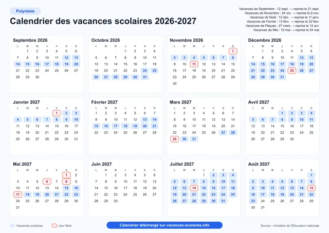 Aperçu de l'affiche du calendrier scolaire 2026-2027 de la Polynésie française