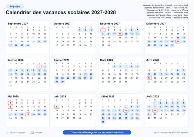 Aperçu de l'affiche du calendrier scolaire 2027-2028 de la Polynésie française