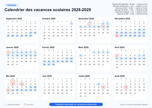 Aperçu de l'affiche du calendrier scolaire 2028-2029 de la Polynésie française