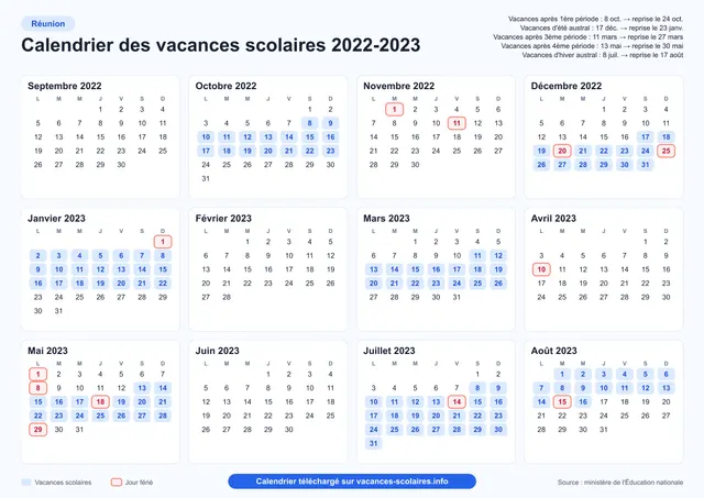 Aperçu de l'affiche du calendrier scolaire 2022-2023 de La Réunion