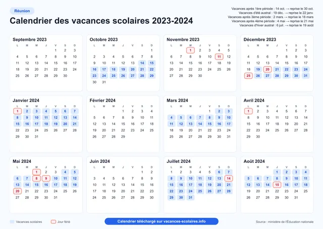 Aperçu de l'affiche du calendrier scolaire 2023-2024 de La Réunion