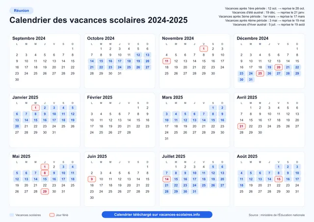 Aperçu de l'affiche du calendrier scolaire 2024-2025 de La Réunion