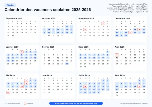 Aperçu de l'affiche du calendrier scolaire 2025-2026 de La Réunion