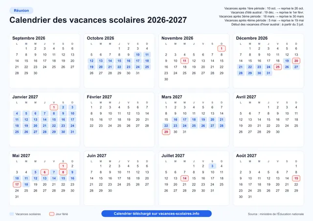 Aperçu de l'affiche du calendrier scolaire 2026-2027 de La Réunion