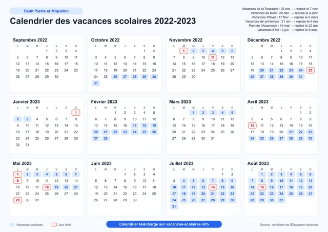 Aperçu de l'affiche du calendrier scolaire 2022-2023 de Saint-Pierre-et-Miquelon