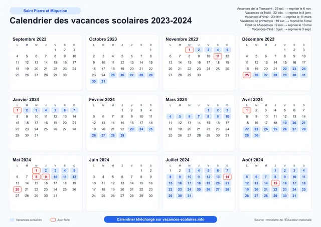 Aperçu de l'affiche du calendrier scolaire 2023-2024 de Saint-Pierre-et-Miquelon