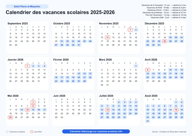 Aperçu de l'affiche du calendrier scolaire 2025-2026 de Saint-Pierre-et-Miquelon