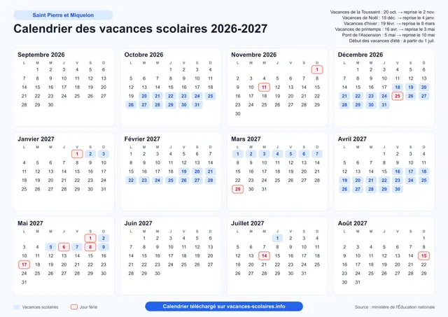 Aperçu de l'affiche du calendrier scolaire 2026-2027 de Saint-Pierre-et-Miquelon