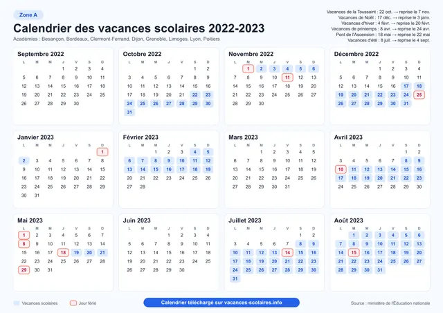 Aperçu de l'affiche du calendrier scolaire 2022-2023 de la zone A
