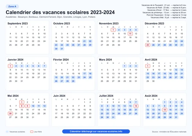 Aperçu de l'affiche du calendrier scolaire 2023-2024 de la zone A