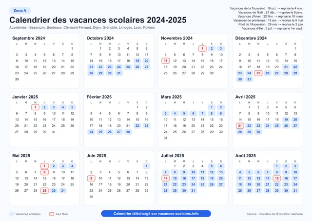 Aperçu de l'affiche du calendrier scolaire 2024-2025 de la zone A