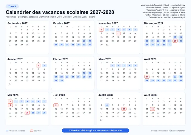 Aperçu de l'affiche du calendrier scolaire 2027-2028 de la zone A