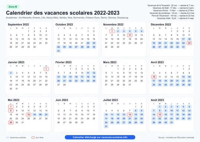 Aperçu de l'affiche du calendrier scolaire 2022-2023 de la zone B