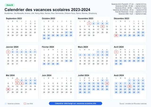 Aperçu de l'affiche du calendrier scolaire 2023-2024 de la zone B