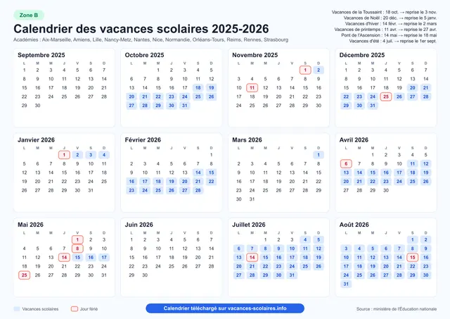 Aperçu de l'affiche du calendrier scolaire 2025-2026 de la zone B